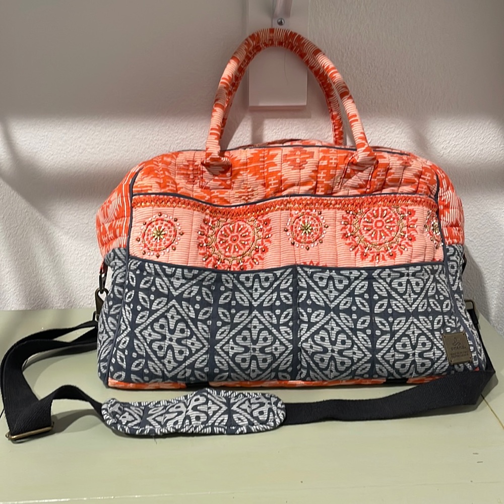 Prana Bhakti Weekender Bag Medallion Print Orange Blue Shoulder Strap Beaded